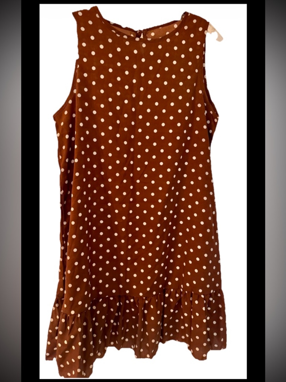 NWT SHEIN Sleeveless Shift Dress Ruffle Hem Brown White Polka Dot Summer Core M6